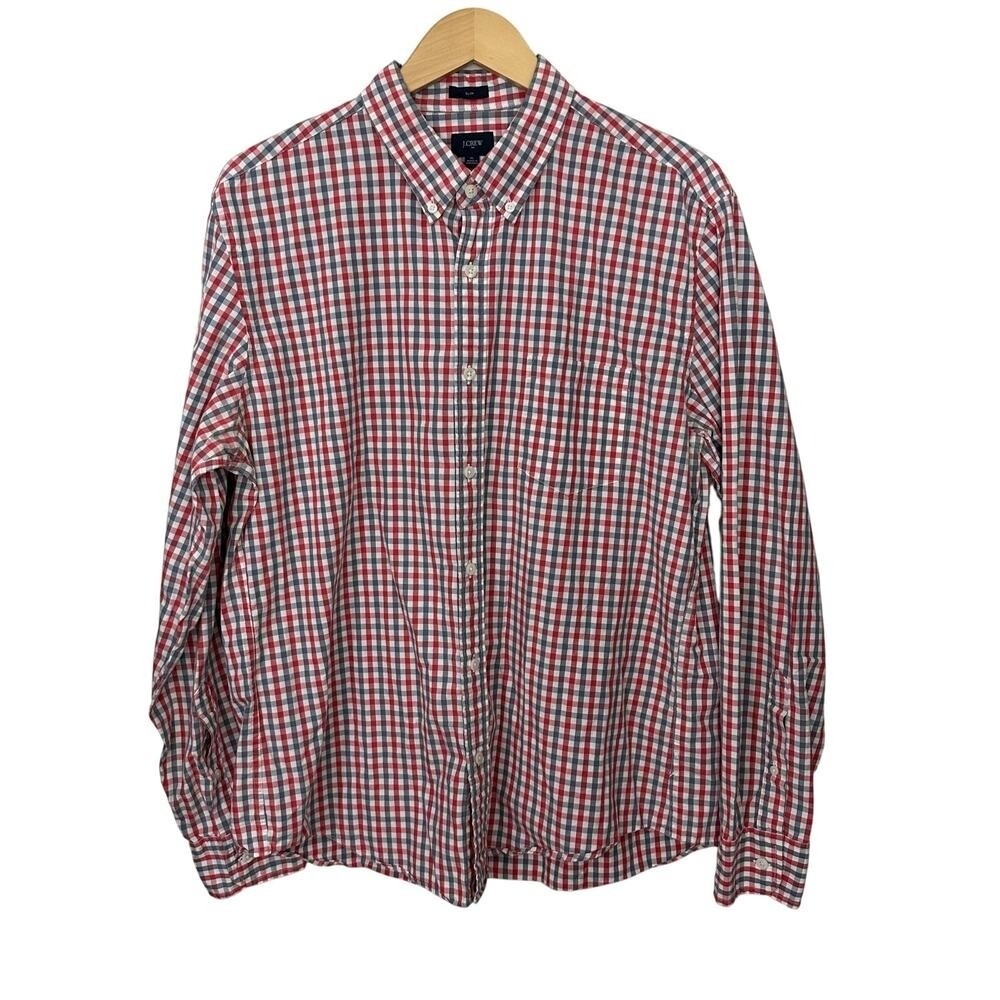 J Crew‎ Mens XL Slim Fit Button Down Shirt Red White Gray Plaid Office Work